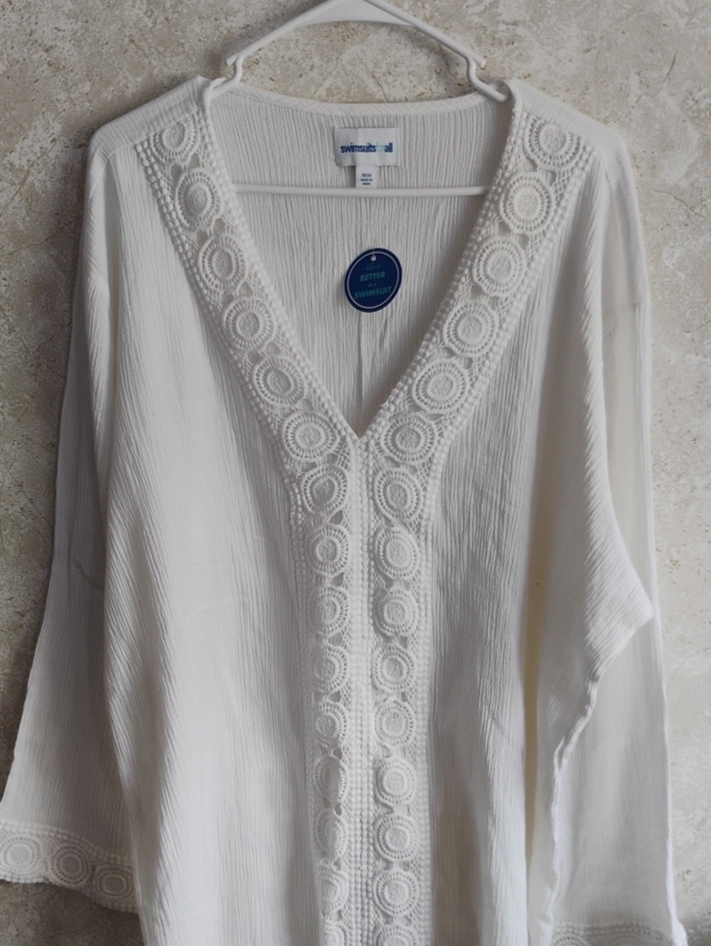 Swimsuits For All White V-Neck Crochet-Trim Tunic, Swims Cover Up, Cotton/ 18-20